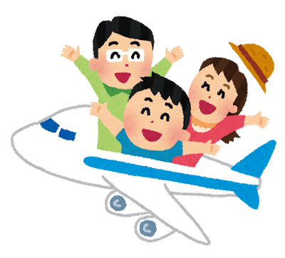 飛行機に乗って旅行する家族