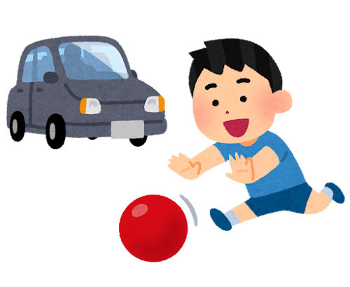 車の近くでボール遊びをする子ども